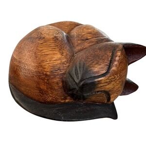 Hand Carved Wood Sleeping Cat Figurine Curled Tuxedo Painted Wooden Folk Art